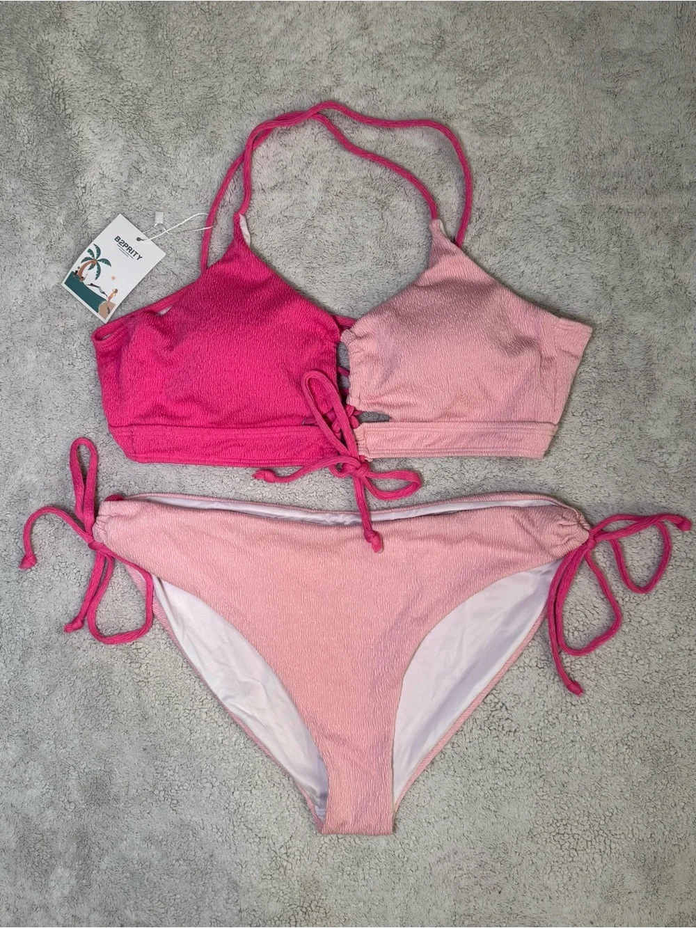 B2prity Two Tone Pink Bikini Set Textured Halter Tie Side Swimwear NWT
